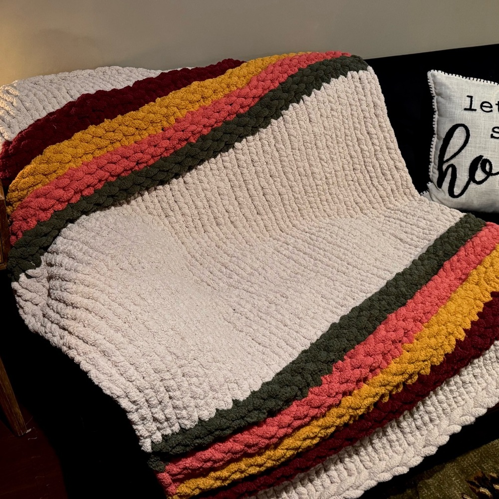 Hand Knitted Chunky  Multicolor Striped Blanket